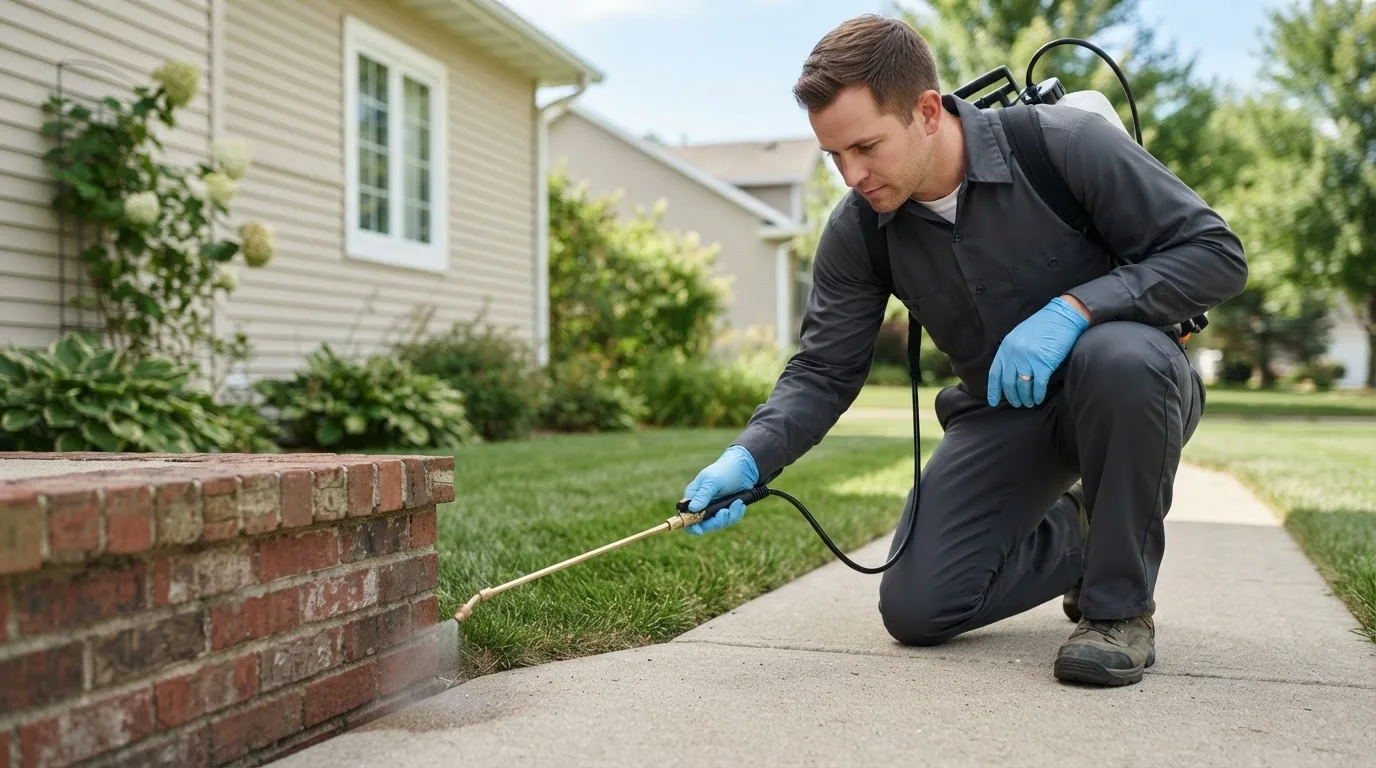 Pest control technician treating a home near Fairfield, ID