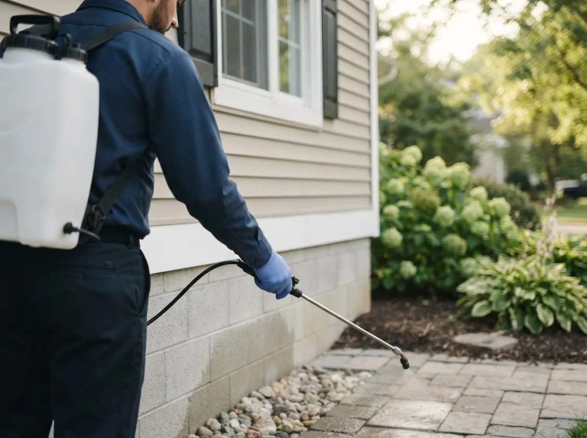 Pest control technician inspecting a home in Fairfield, ID